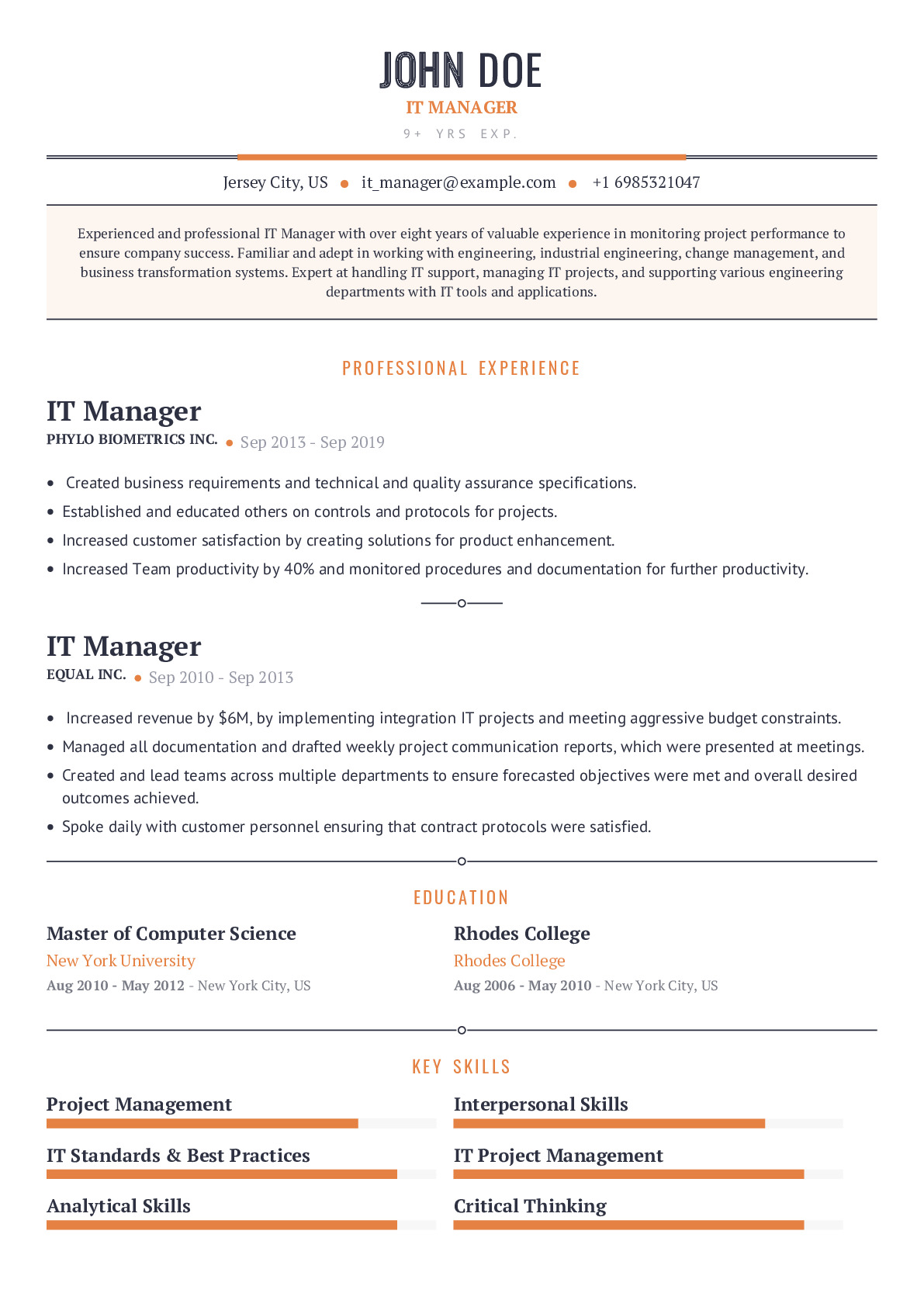 IT Manager Resume Example