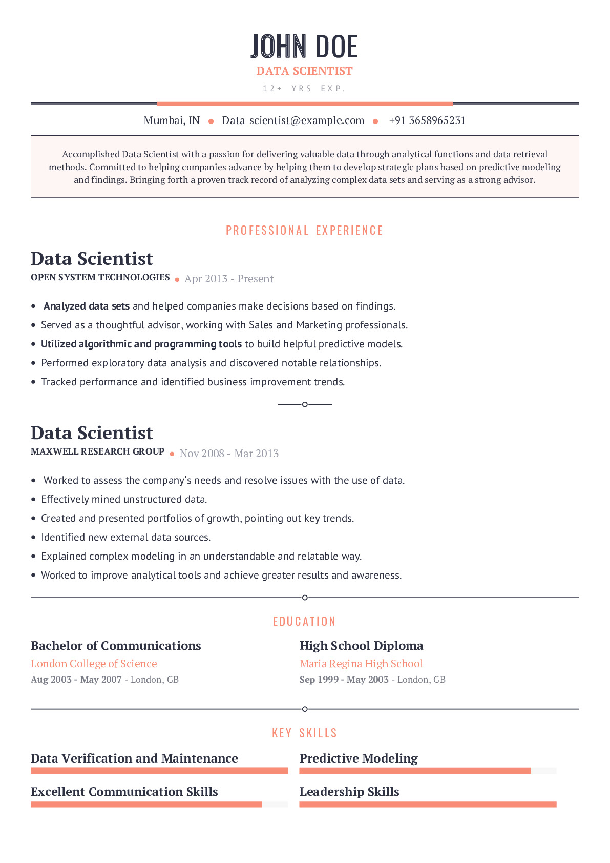 Data Scientist Resume Example With Prefilled Content CraftmyCV