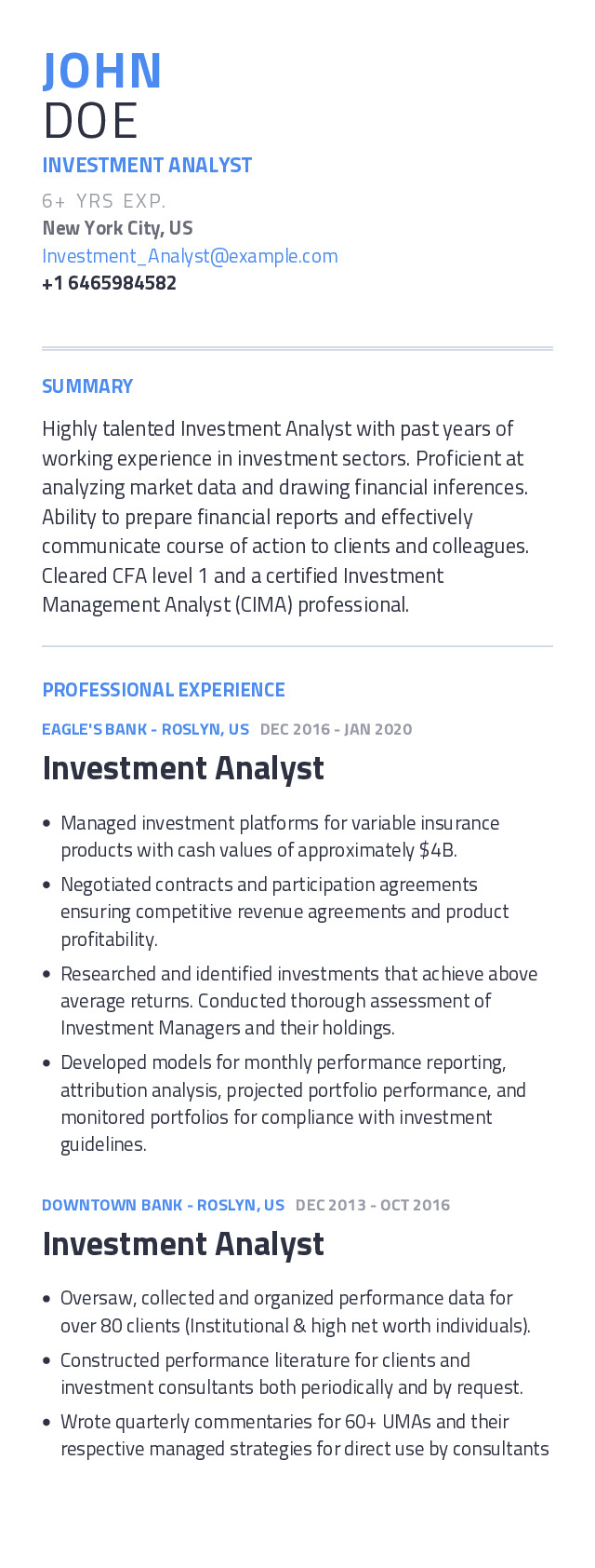 Investment Analyst Mobile Resume Example
