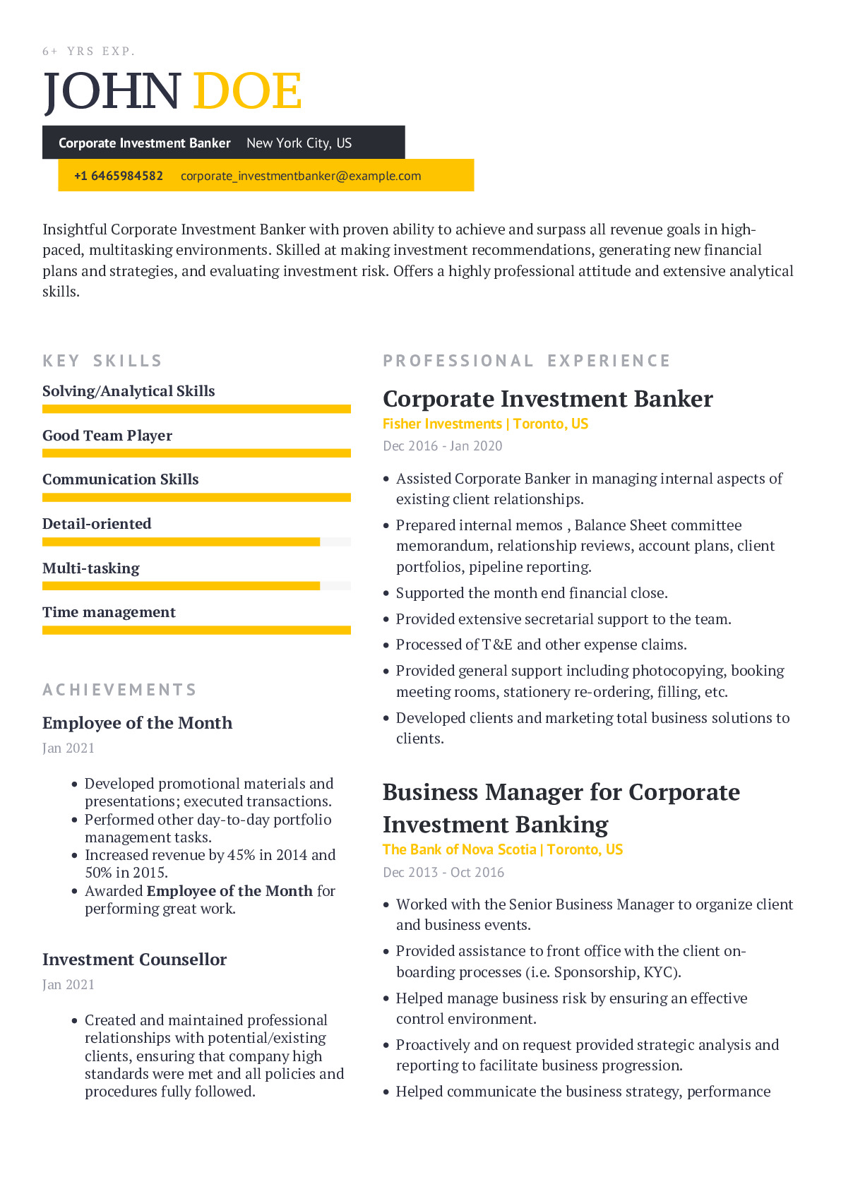 Corporate Investment Banker Resume Example