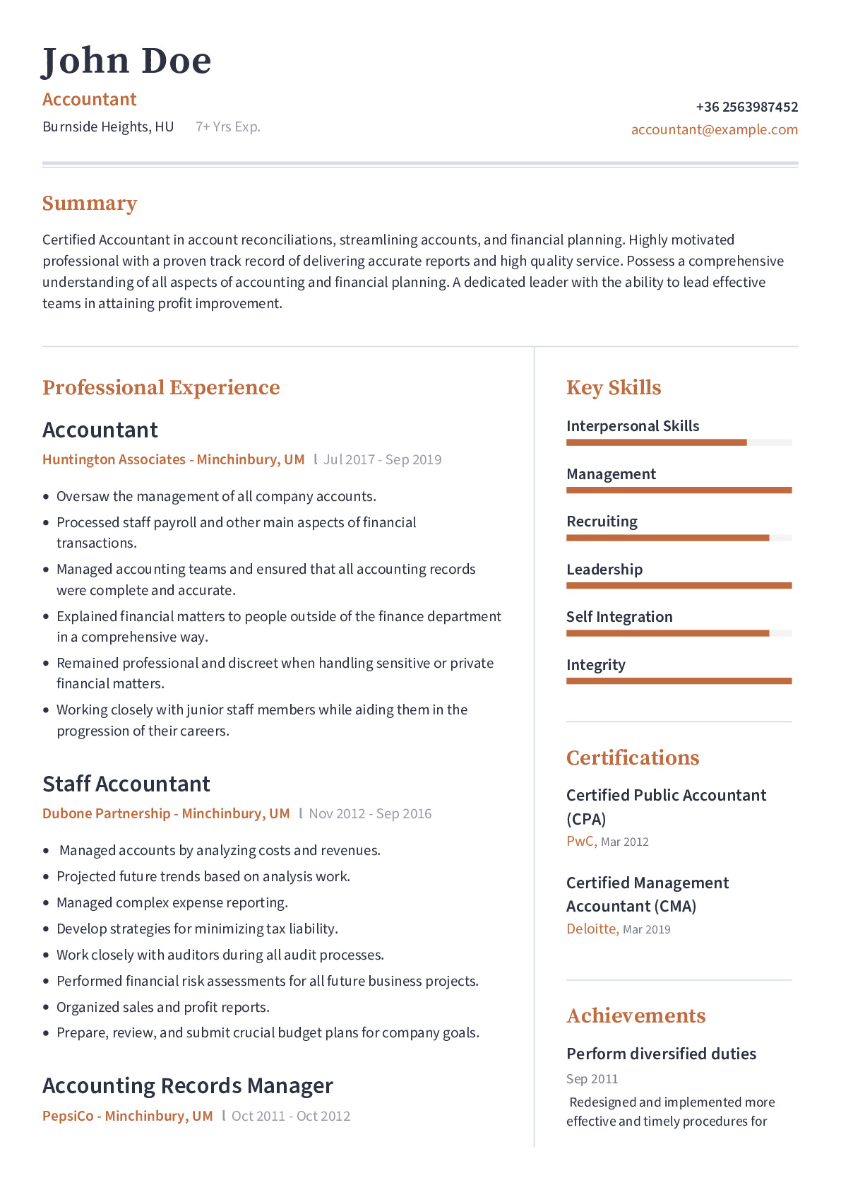 Manager Accountant Resume Sample