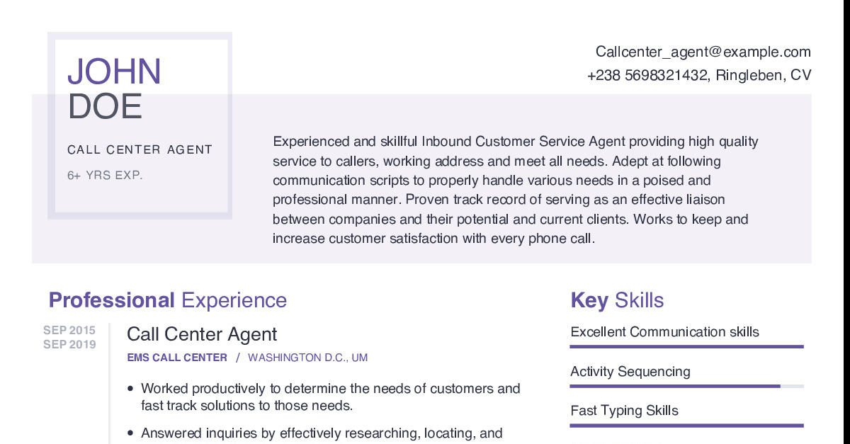 Call Center Agent Resume Example With Content Sample | CraftmyCV