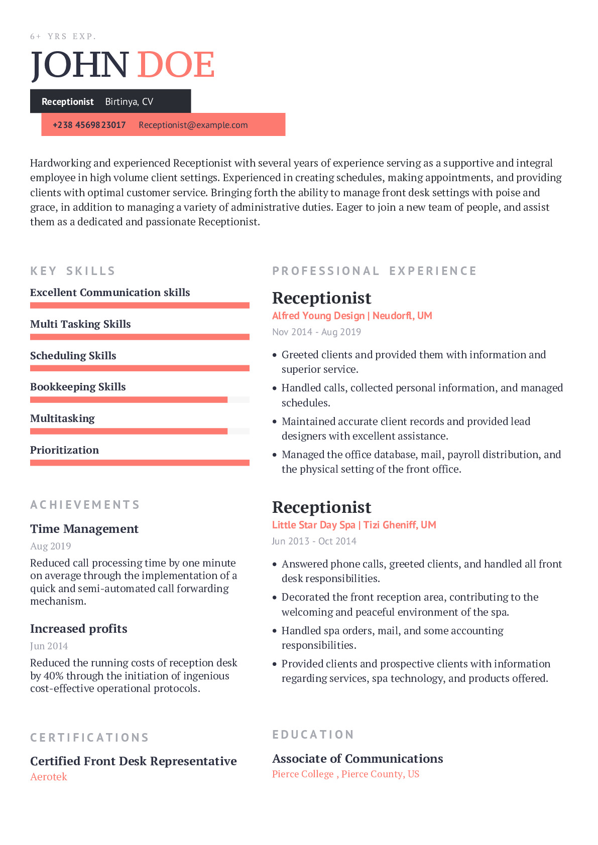 functional resume for receptionist