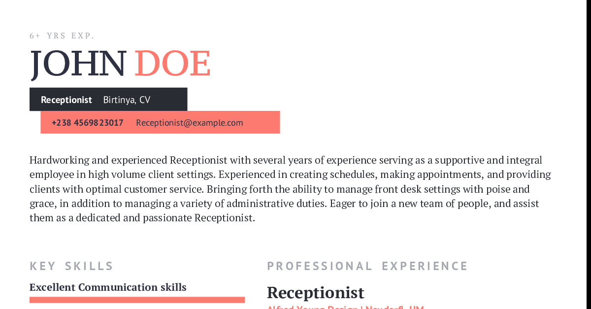 Receptionist Resume Example With Content Sample | CraftmyCV