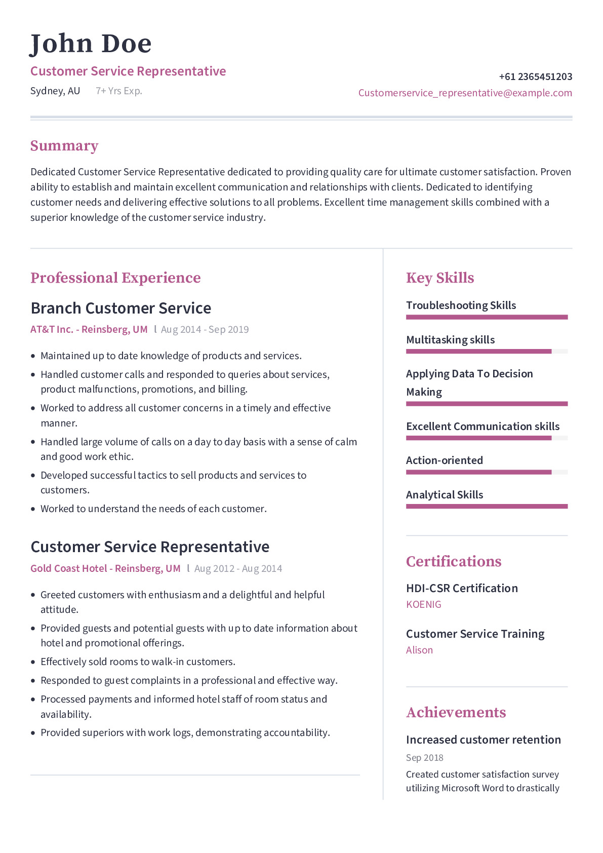 about me resume customer service