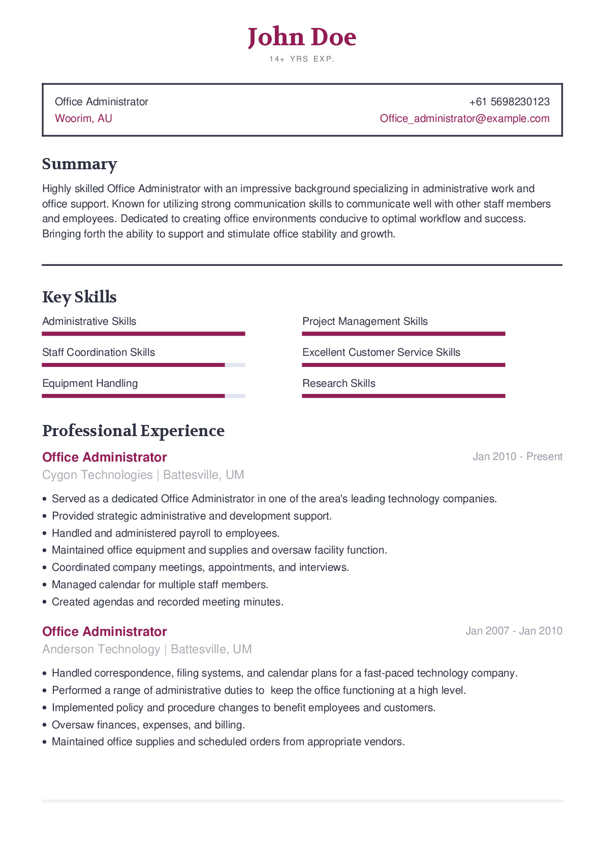 Office  Administrator Resume Example