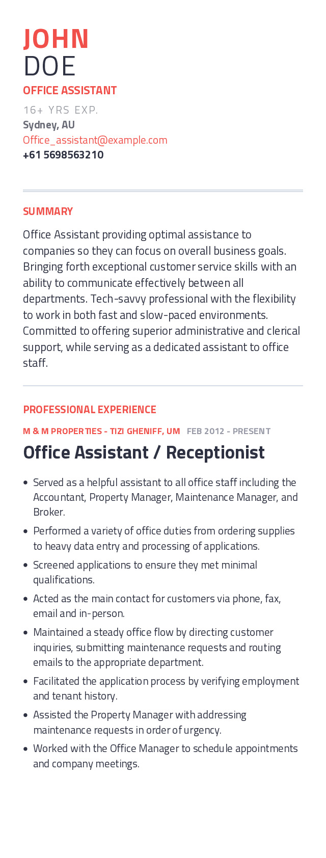 Office Assistant, Mobile Resume Example