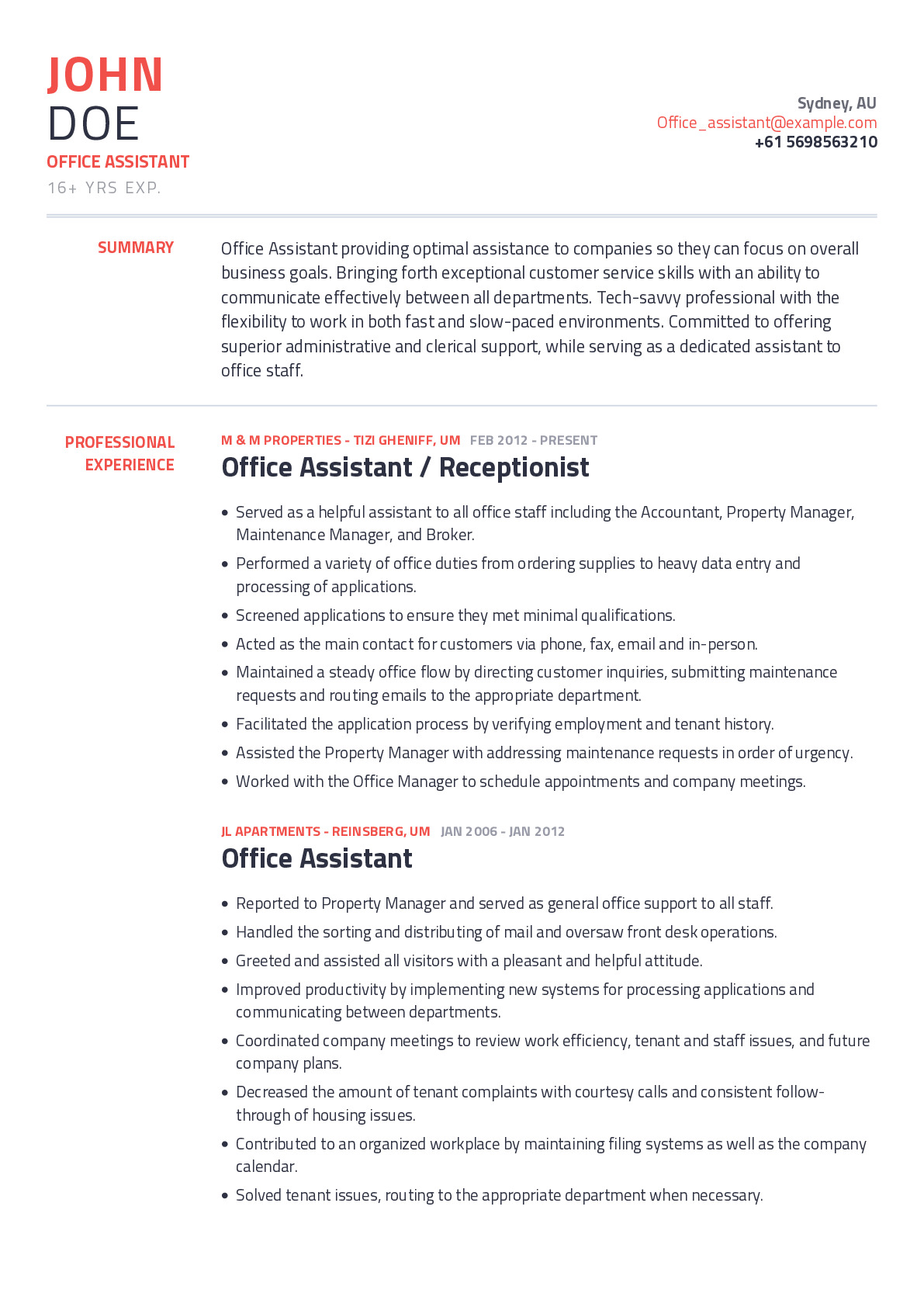 Office Assistant Resume Example With Content Sample | CraftmyCV