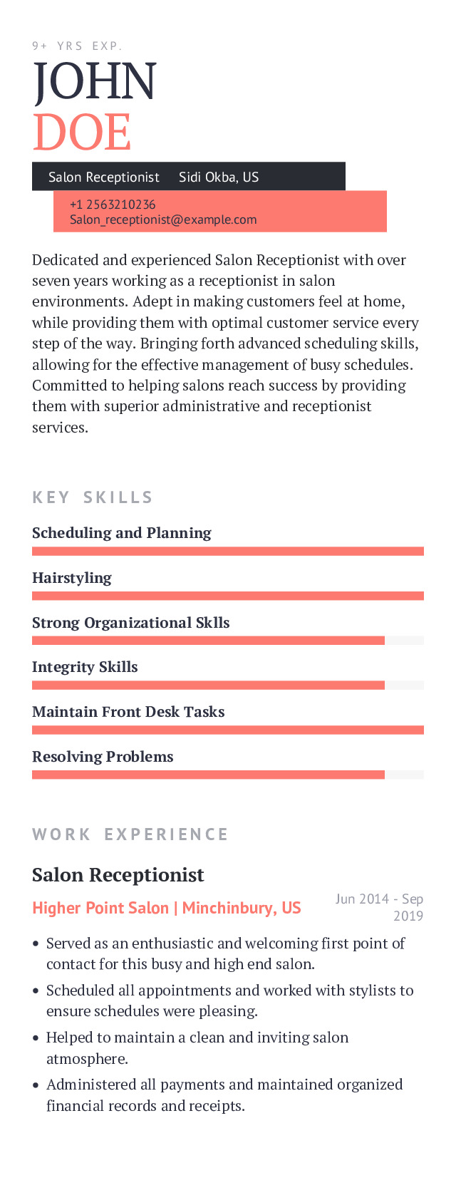 Salon Receptionist Mobile Resume Example