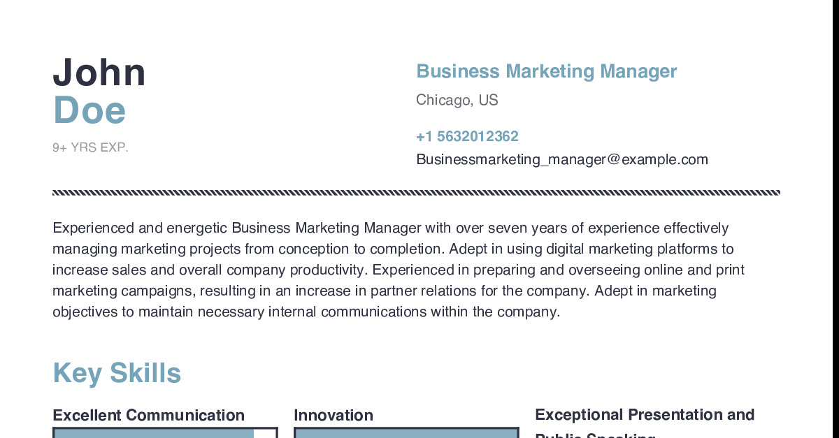 Business Marketing Manager Resume Example With Content Sample | CraftmyCV