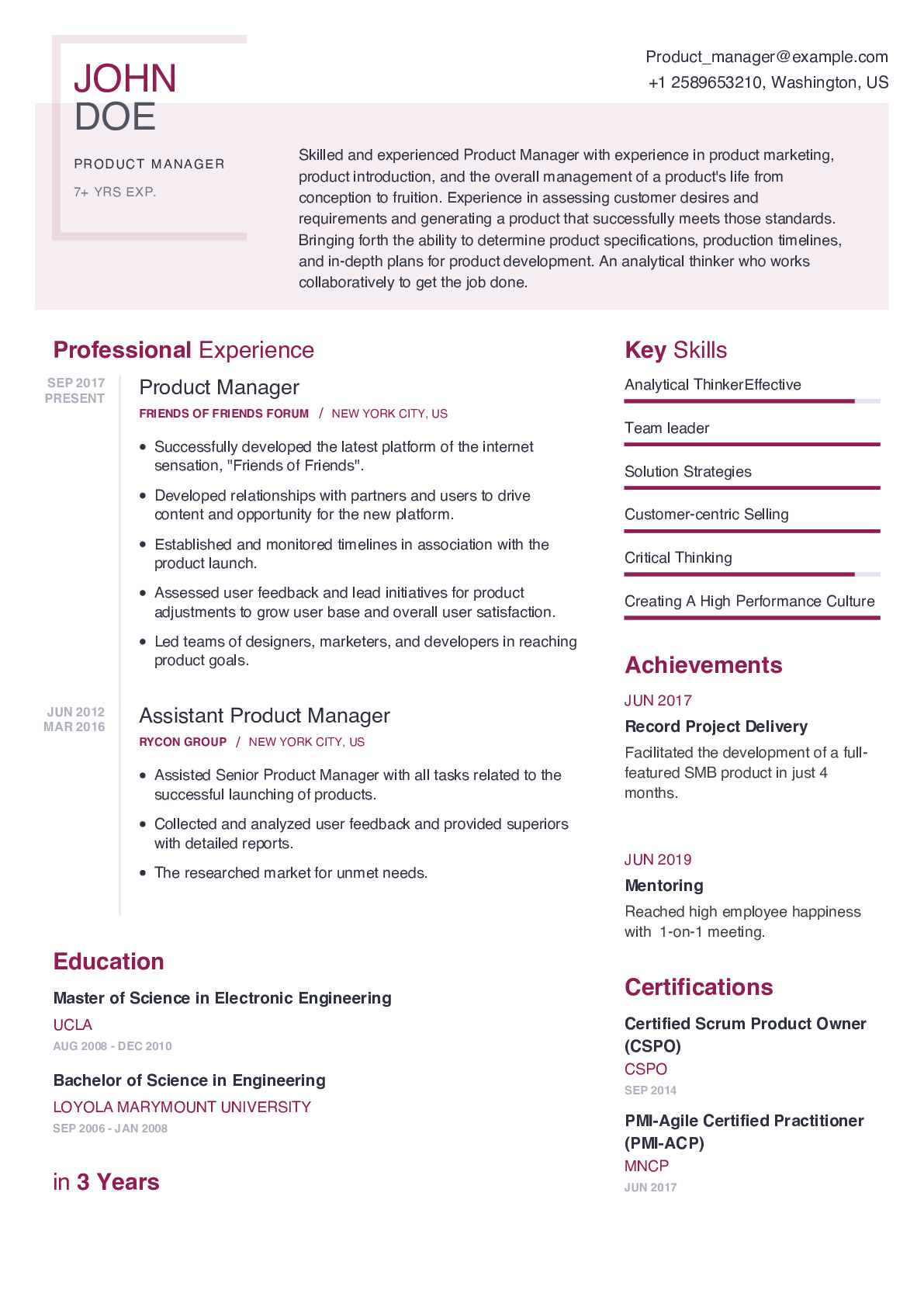 resume examples for product manager