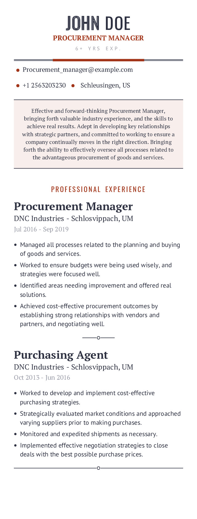 Procurement Manager Resume Example With Content Sample CraftmyCV