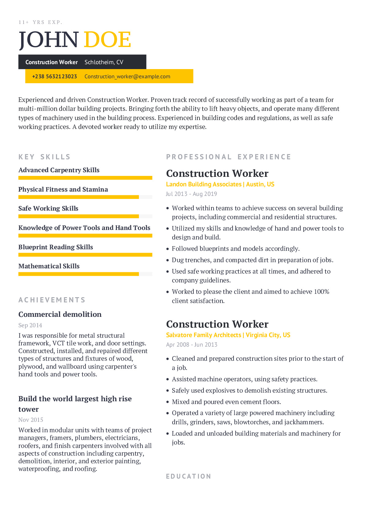 construction worker job description for resume