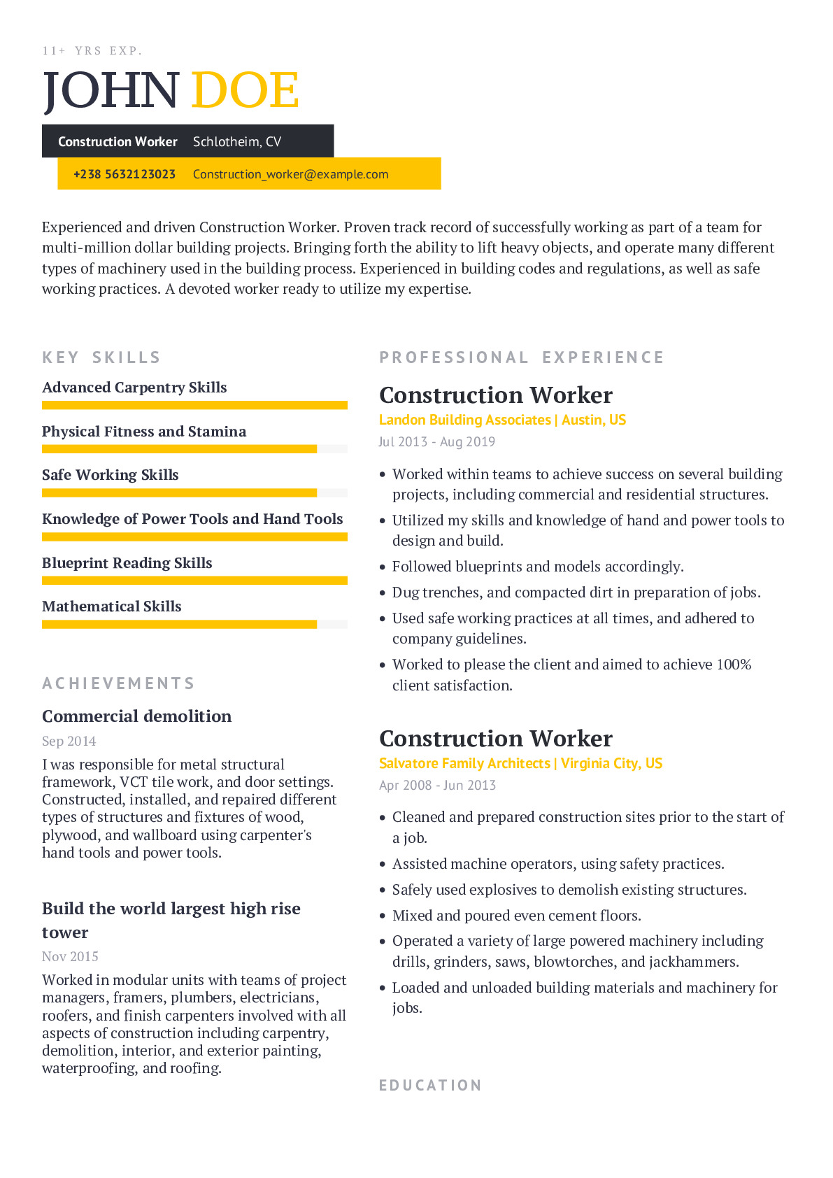 Sample Resume For General Construction Worker Susamiakaneb