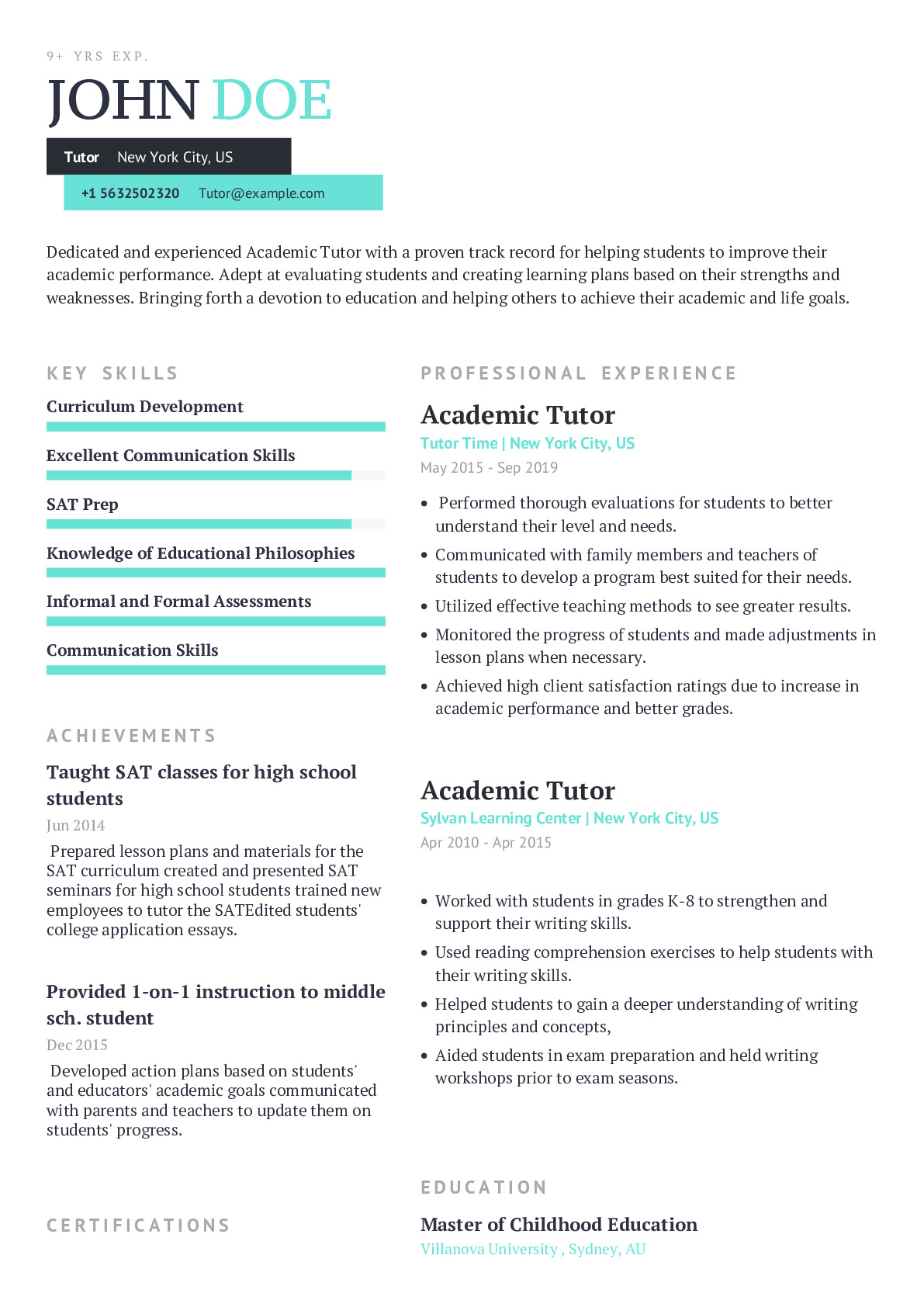 Tutor Resume Example With Content Sample CraftmyCV